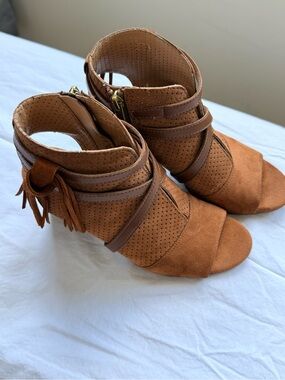 Franco Sarto Tan Suede Open-Toe Perforated Ankle Heels